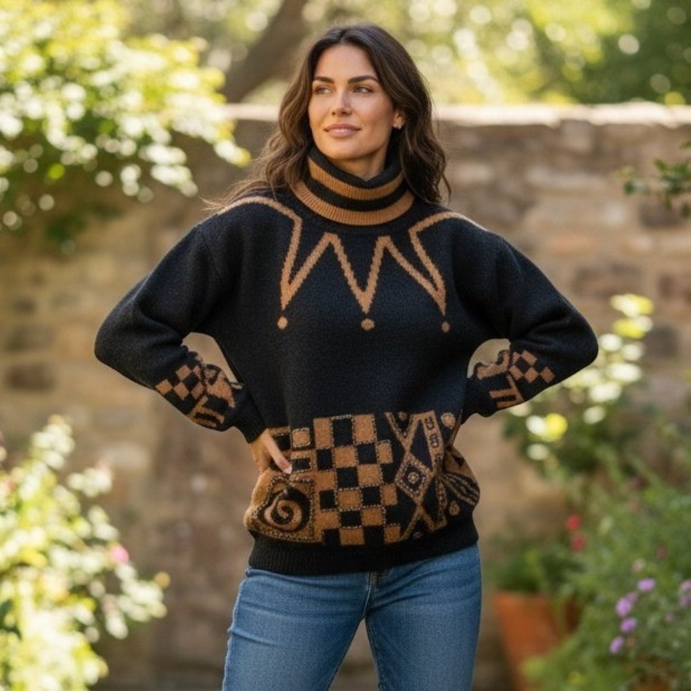 Vtg 80's IB Diffusion Lrg Blk Copper Retro Beaded Turtleneck Sweater Earthy Boho